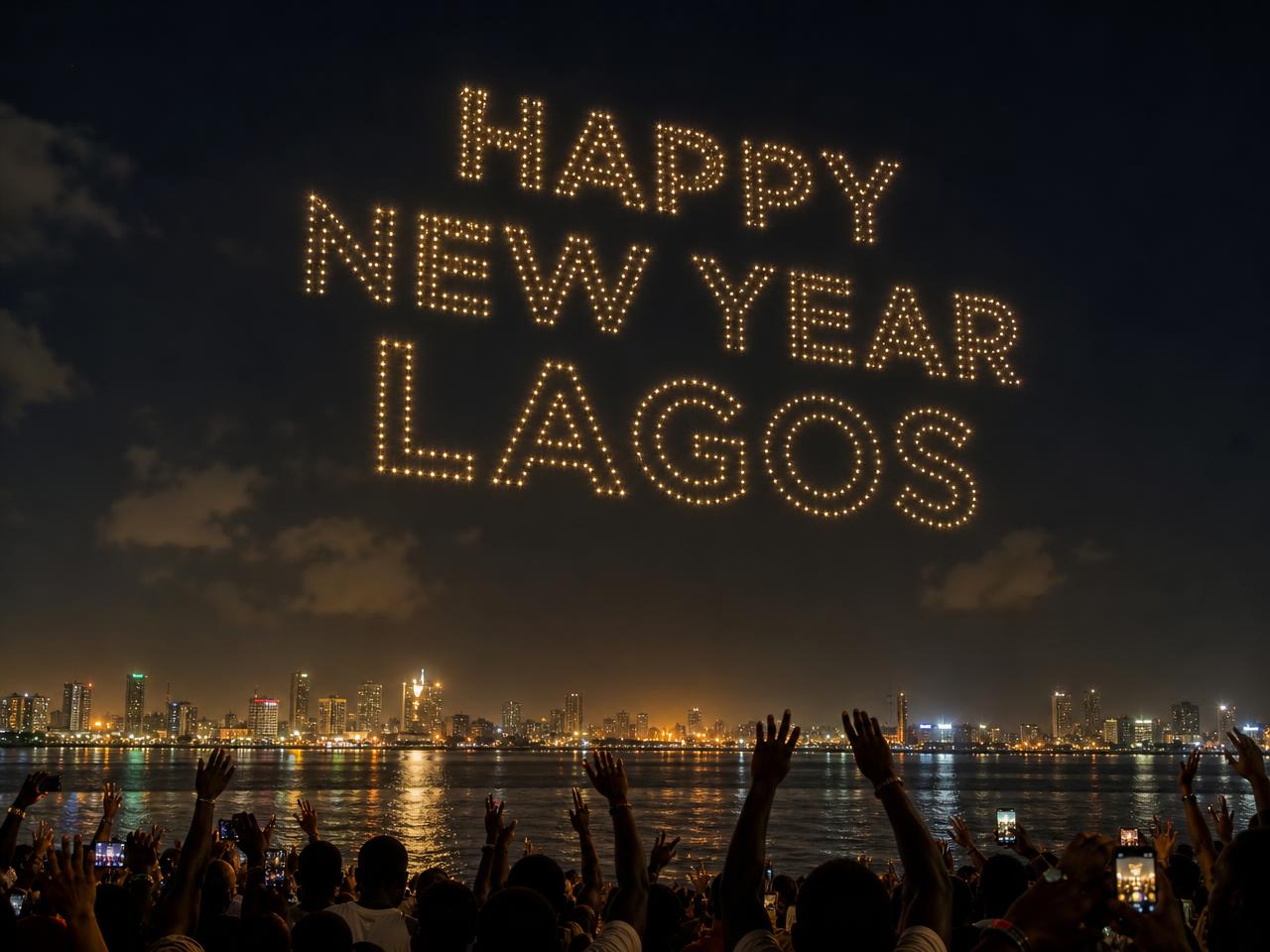 Crowd celebrating under golden light at a Lagos waterfront